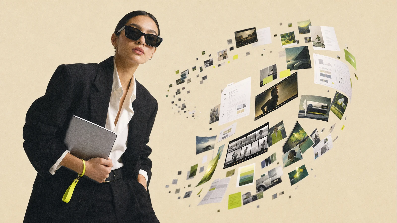 Editorial AI advertising studio visual with creative director and floating campaign assets