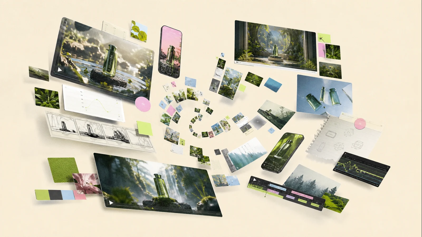 Floating collage of AI advertising deliverables including commercials, social ads, product videos and campaign visuals