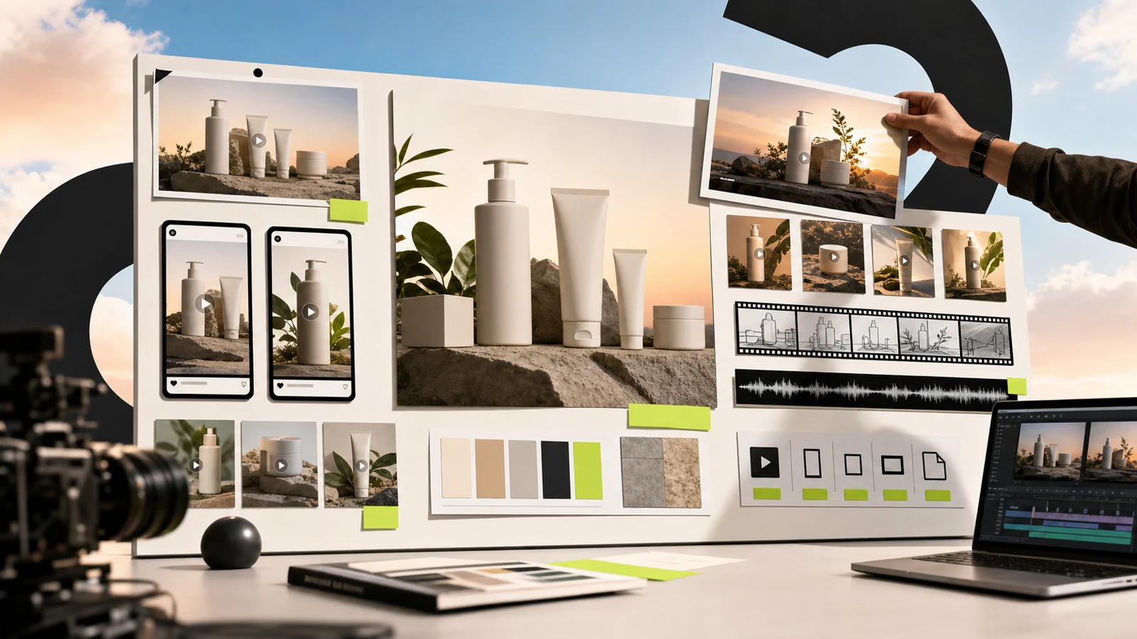 AI video campaign delivery board with product video frames, social ad formats, storyboard strips and edit timeline