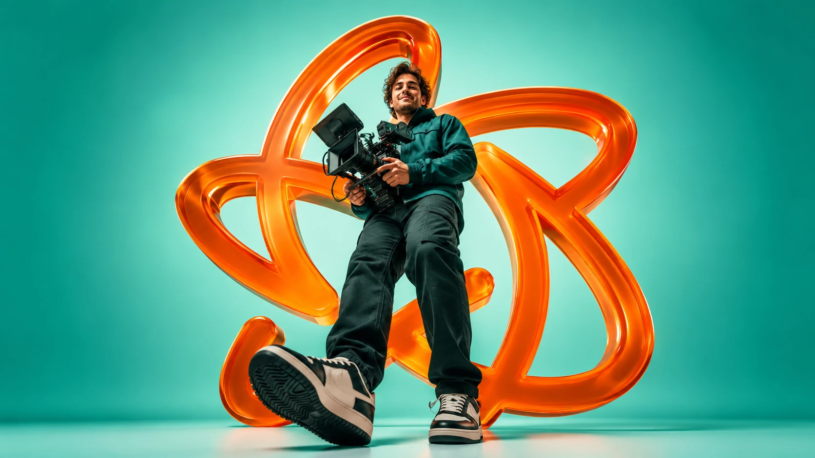 Cinematic creator holding a camera in front of a glossy orange Genial Production style mark on a teal studio background