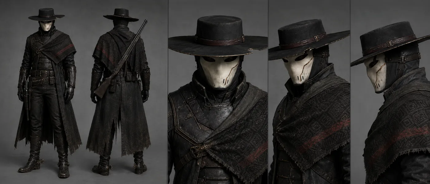 Ash character sheet for Meridian showing mask, hat and costume continuity