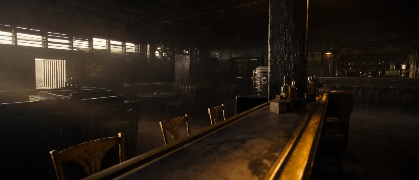 Dark sci-fi Western saloon interior used as a Meridian reference