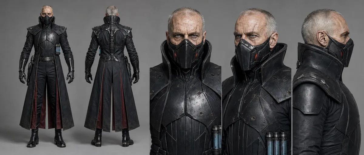 Marshal Vane character sheet with respirator mask and black armor